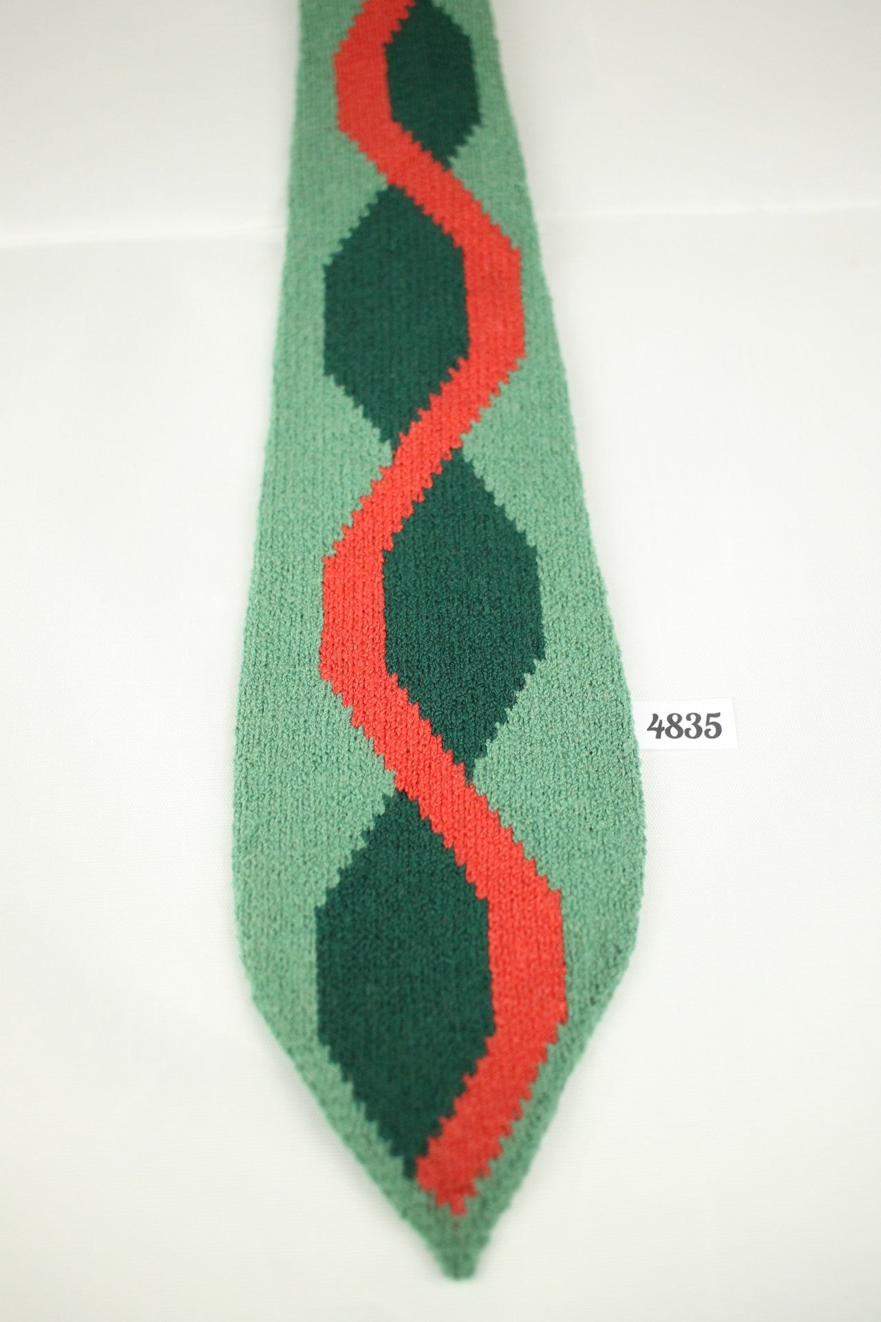 Vintage 1950s Hand Knitted Two Tone Green and Coral Pink Tie