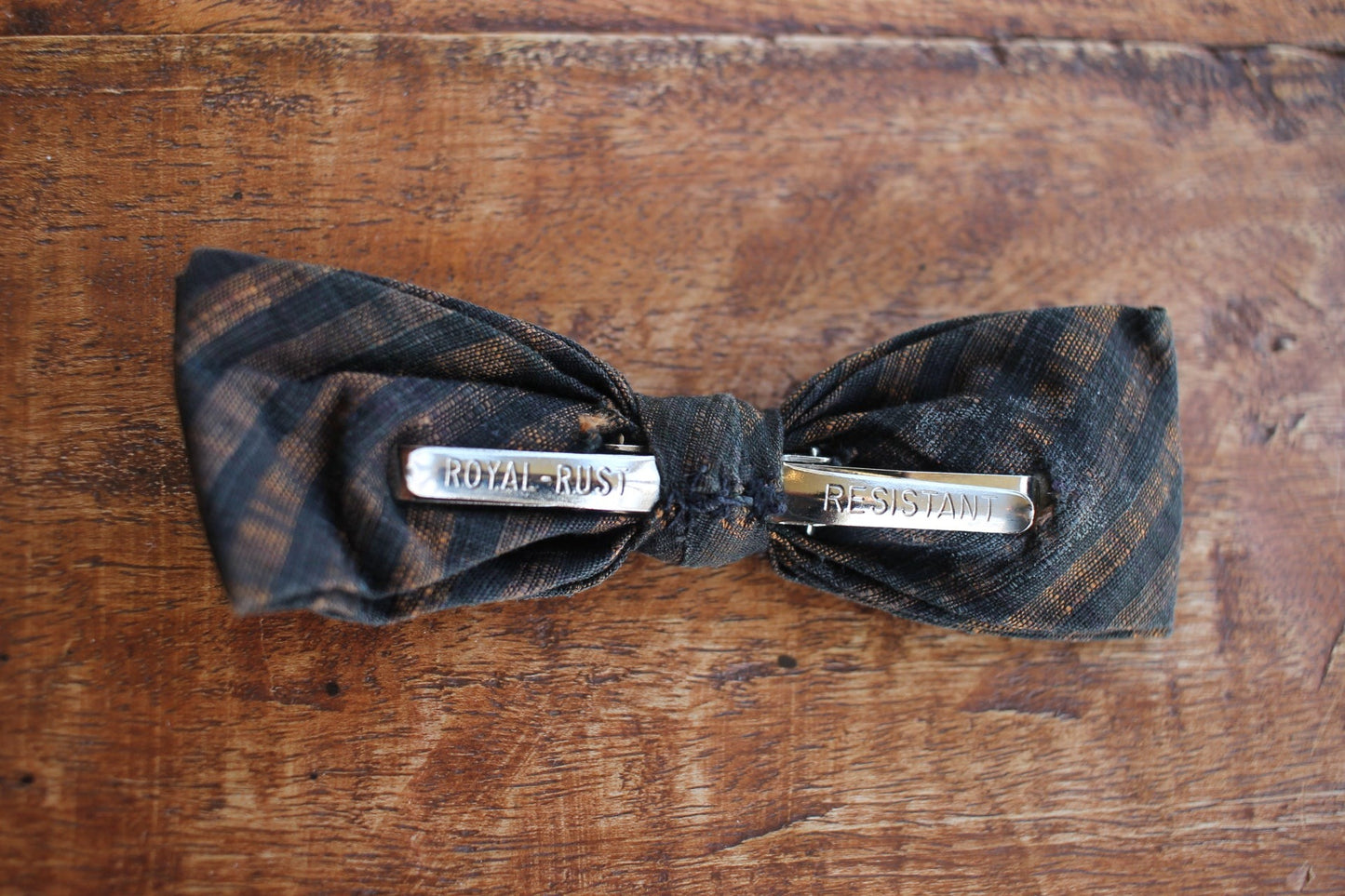 Vintage pre-tied clip on black bronze striped pattern bow tie