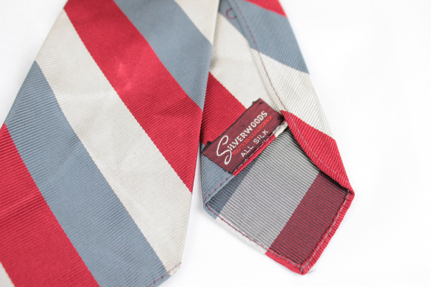 Vintage Silverwoods Southern California 1950s all silk burgundy grey cream striped swing tie