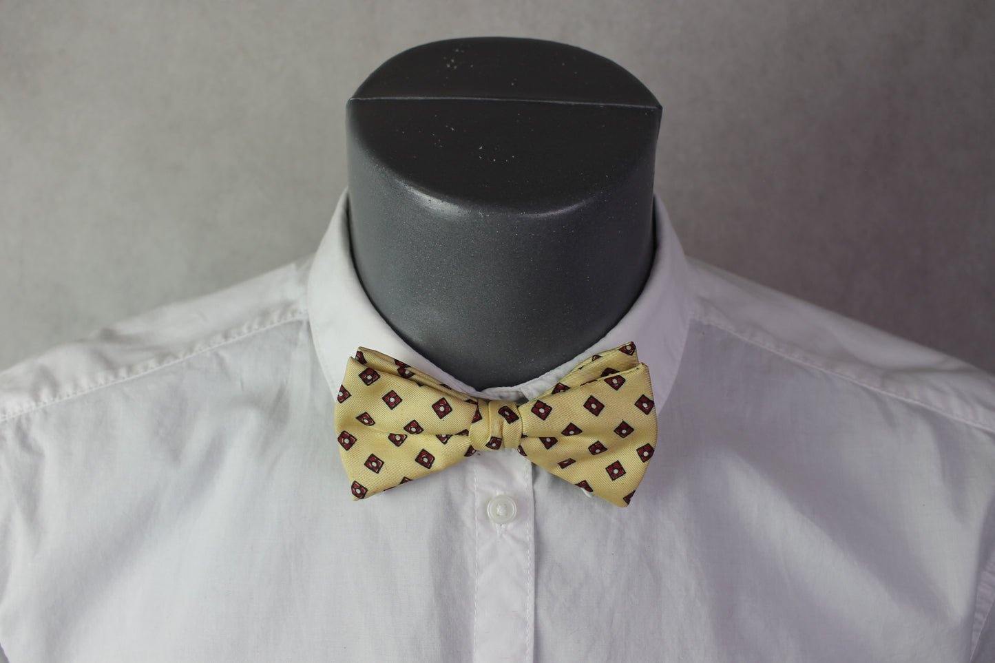 Vintage pre-tied clip on cream yellow red squares pattern bow tie