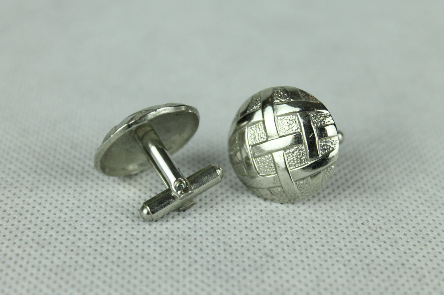 Vintage Silver Basket Weave Large Button Style Cuff Links