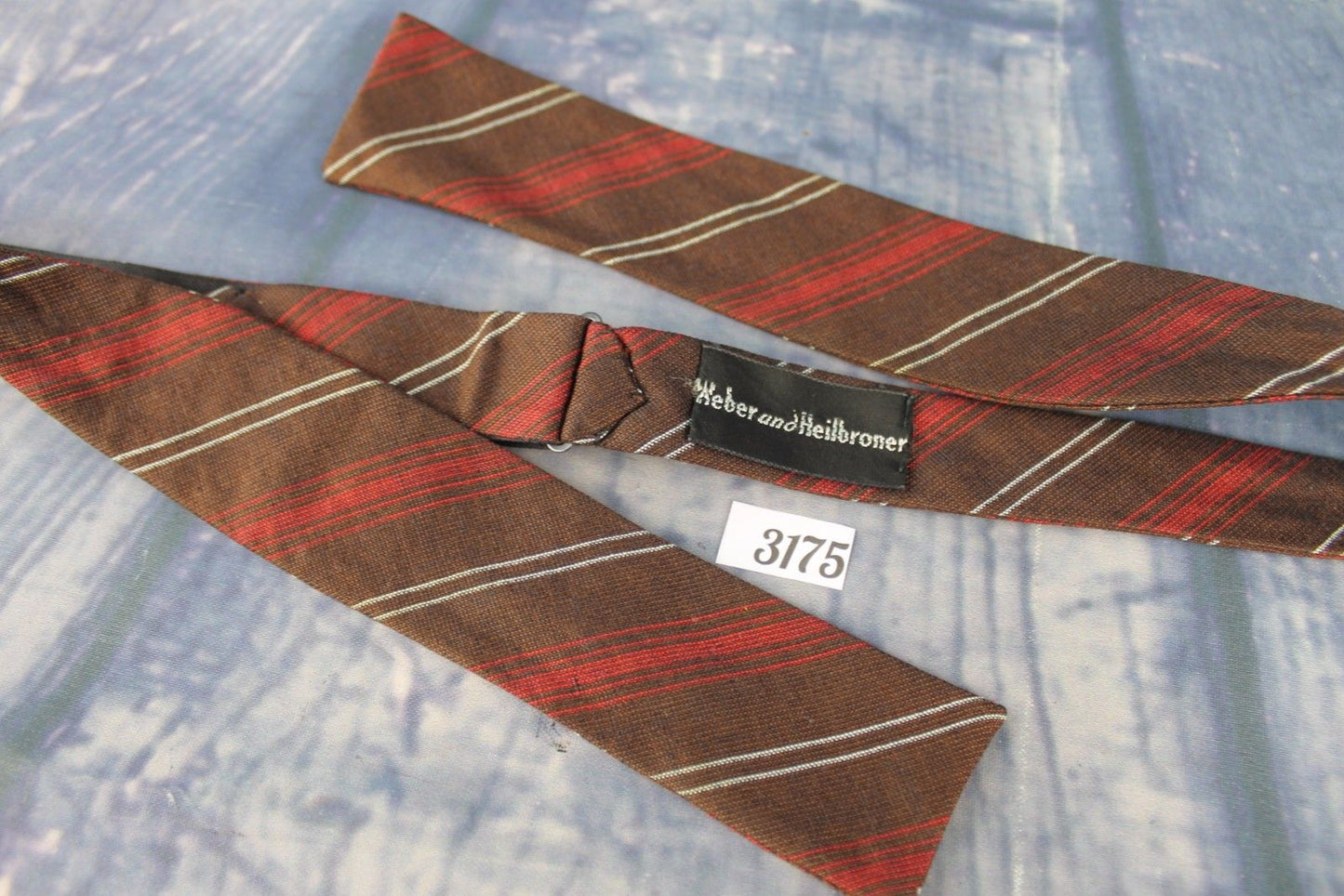 Vintage Weber & Heilbroner Self Tie Adjustable Straight End Skinny Bow Tie Brown Red Ivory Striped