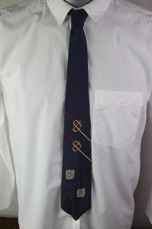 Vintage navy blue red white cream motifs tie