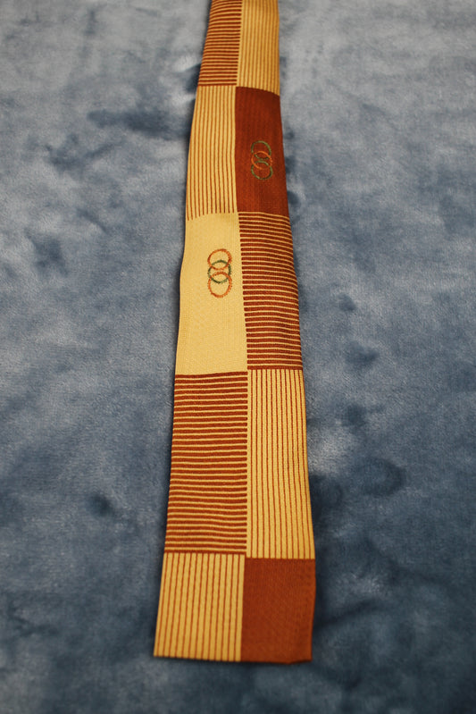 Vintage Bronze Gold Striped Blocks Circle Motifs Square End Skinny Tie 1940s/50s