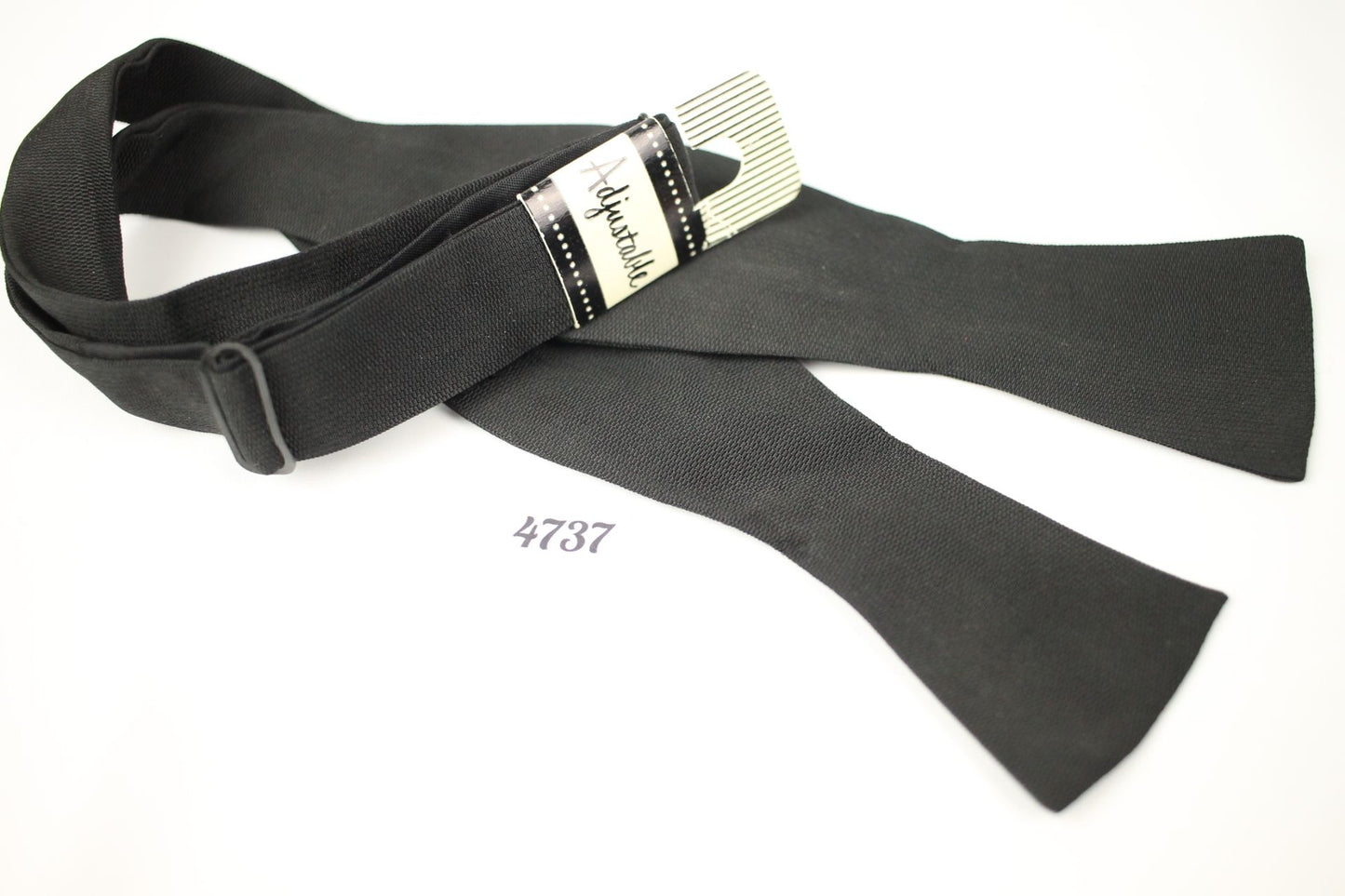 Vintage Dead Stock Black Made in USA Self Tie Square End Narrow Thistle Bow Tie Adjustable