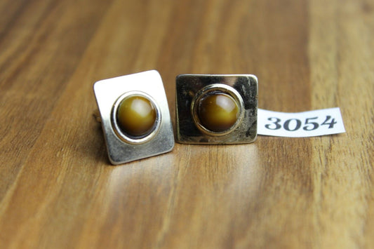 Vintage Silver Metal Tigers Eye Square Cuff Links