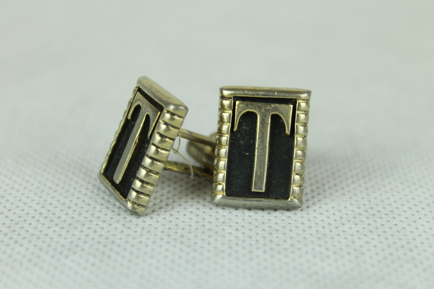 Vintage Initial T Gold & Black Oblong Cuff Links