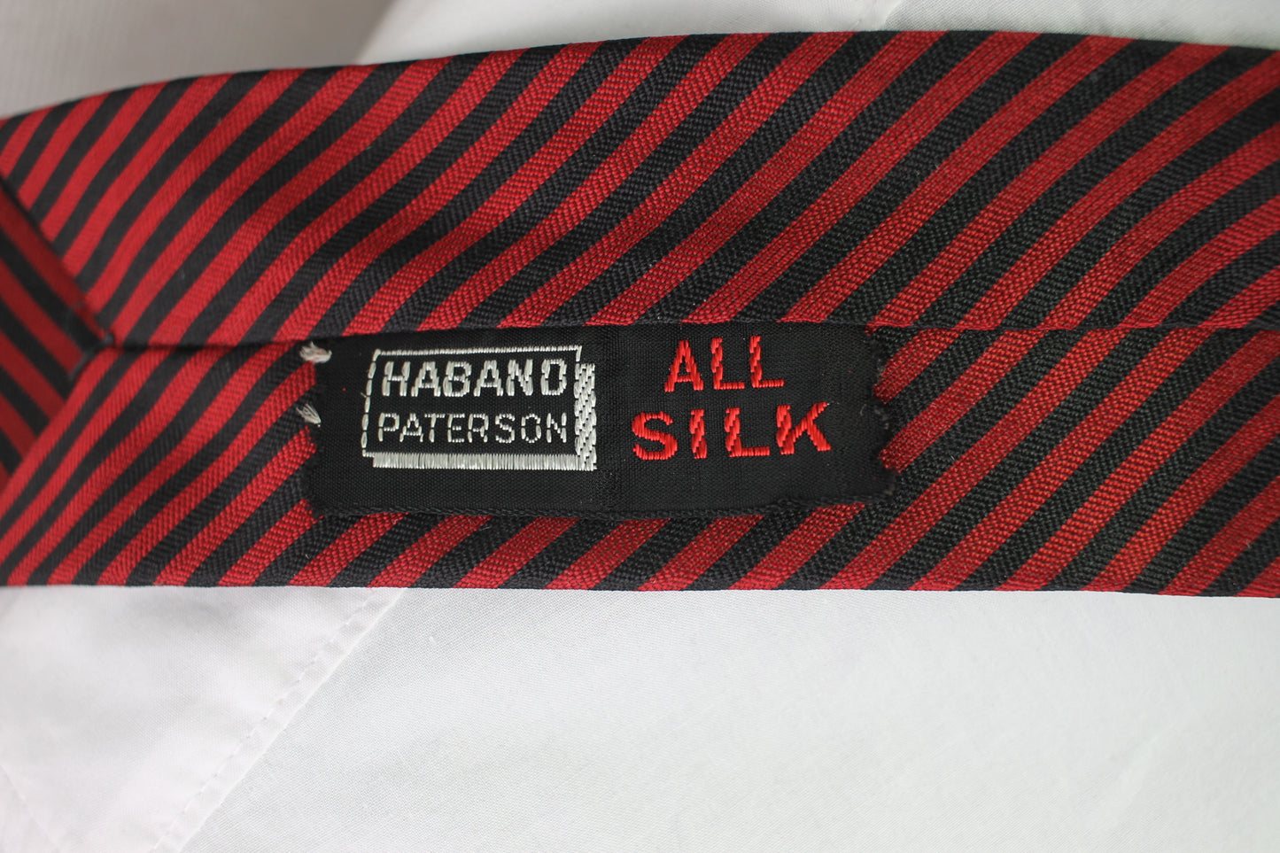 Vintage Haband Paterson all silk dark red black striped pattern skinny tie