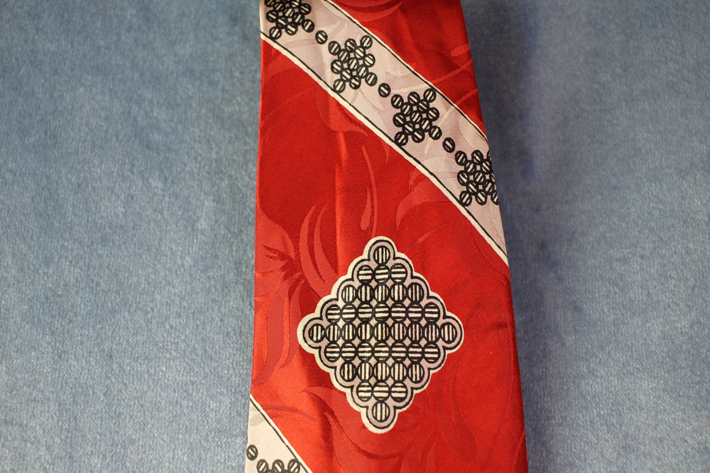 Vintage hand printed dark red white grey pattern skinny tie