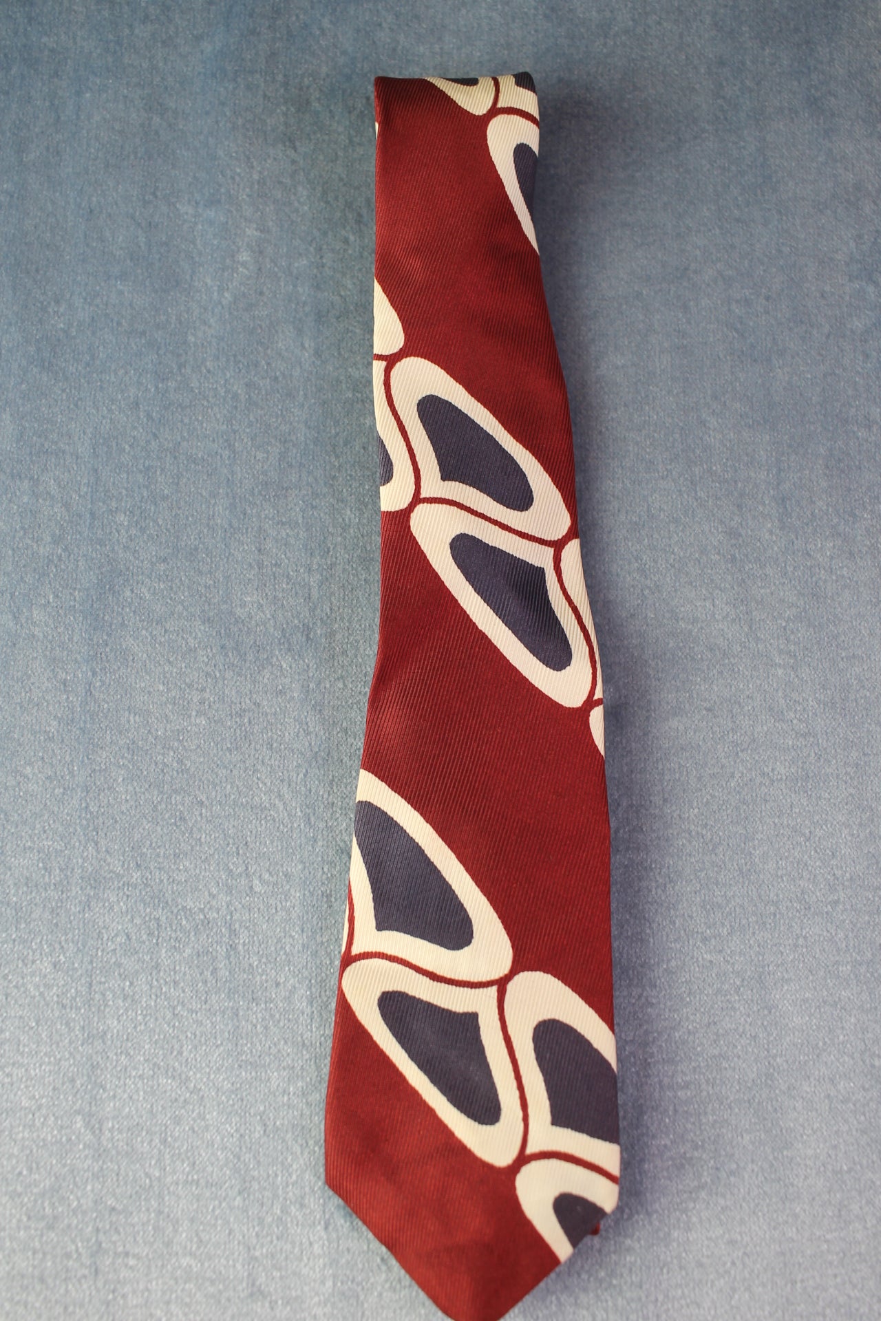 Vintage Hand Painted dark red blue white pattern tie