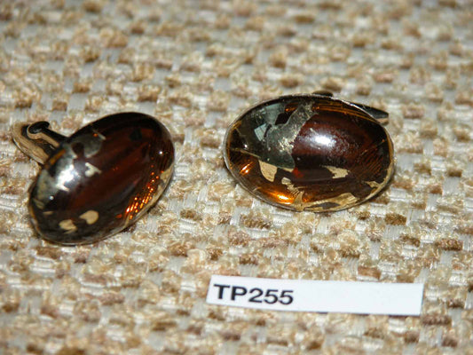 Vintage Cuff Links Gold Metal Large Brown Gold Foil Art Glass Stones