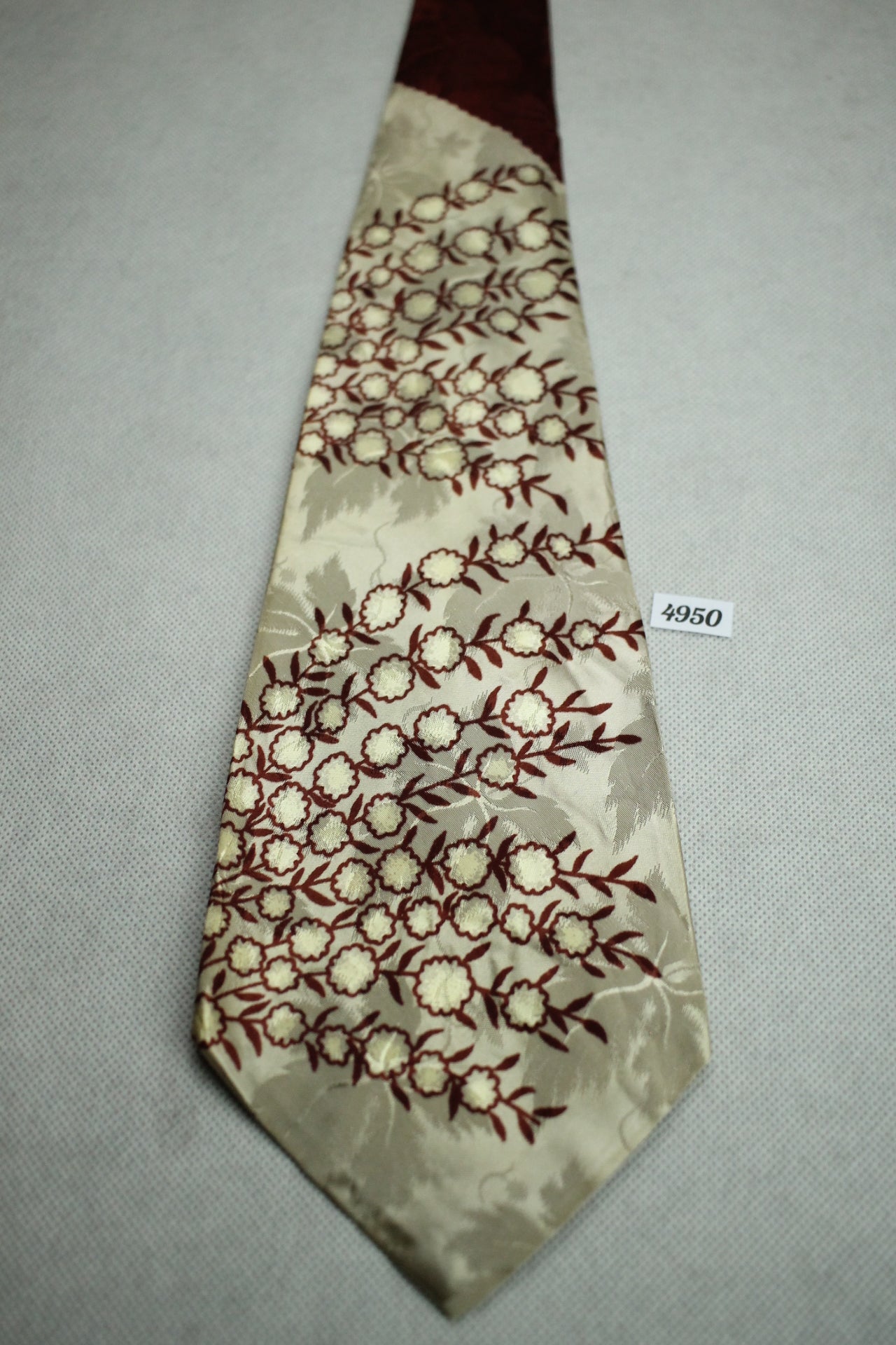 Vintage Burgundy Taupe Blossom Print Jacquard Vintage Swing Tie 1940s/50s