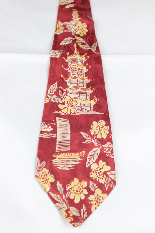 Vintage 1960s Haband Oriental Pagoda Crimson Ruby Red Swing Tie