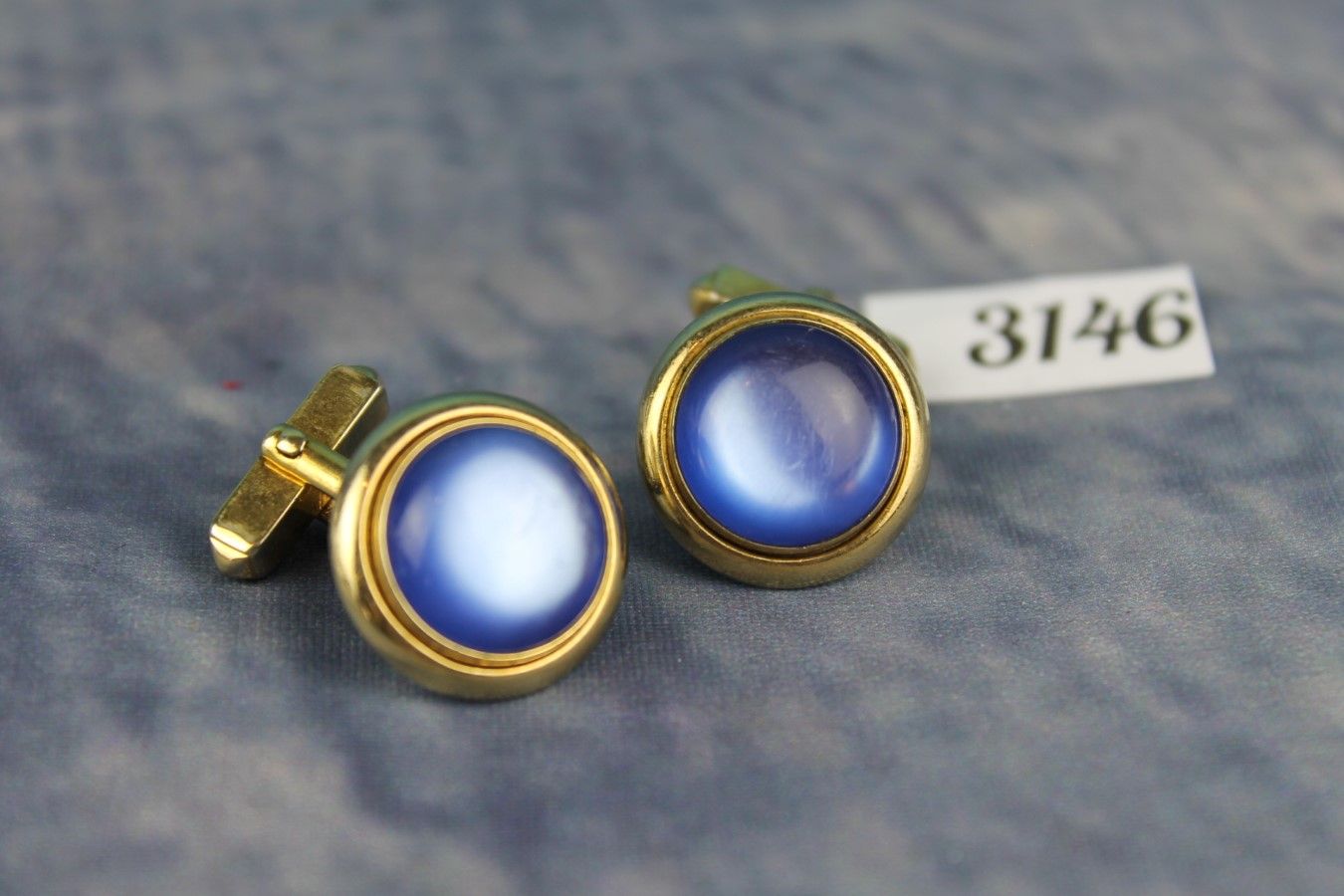 Vintage Swank Gold Metal Pearly Blue Lucite Cabochon Cufflinks