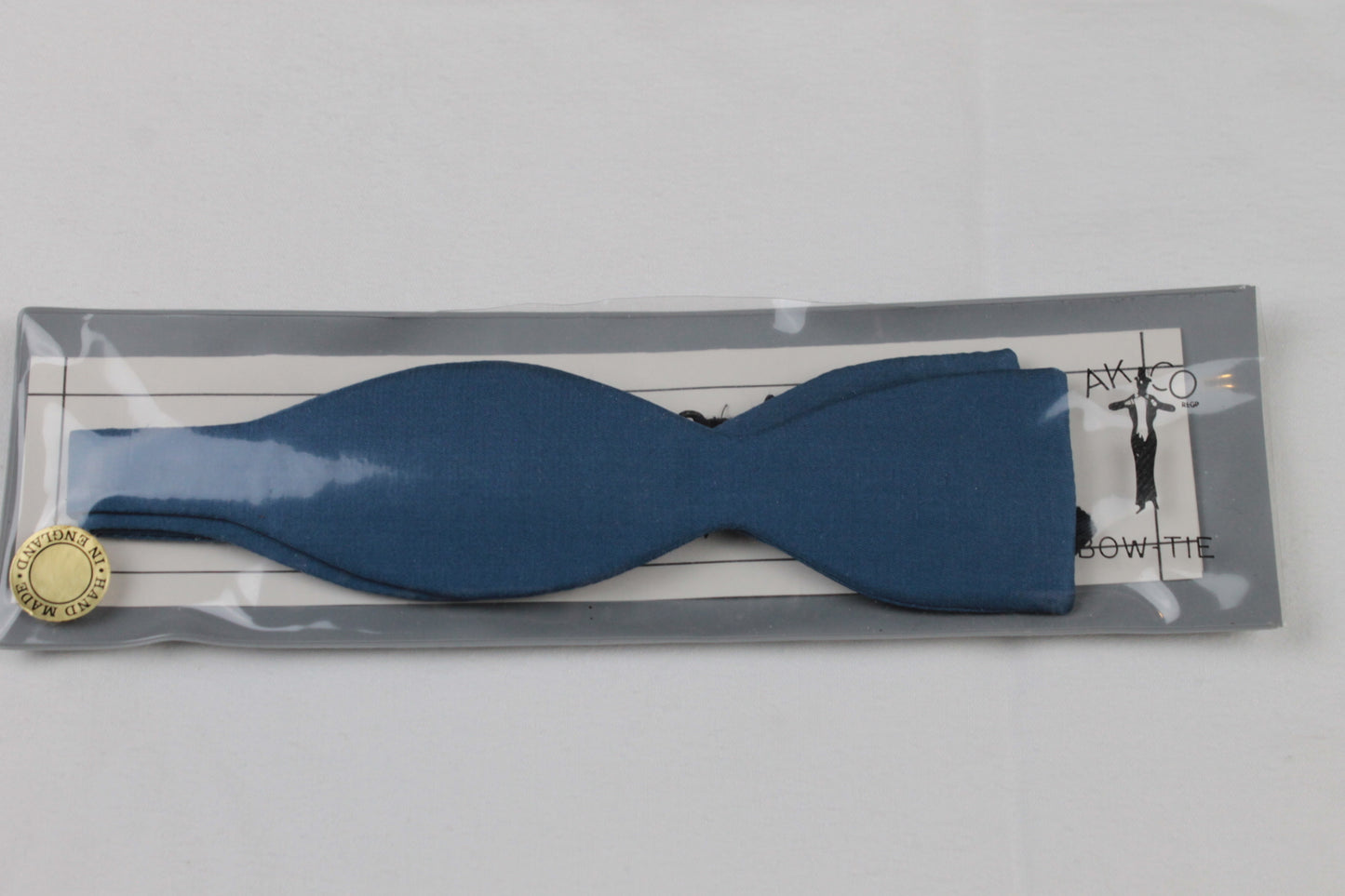 Vintage Akco self tie thistle end all silk denim blue bow tie adjustable