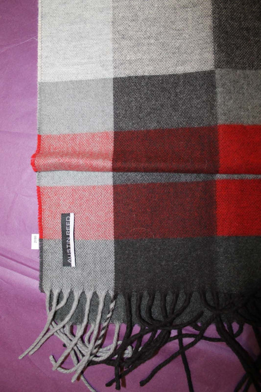 New Austin Reed mens red grey large check fringed scarf