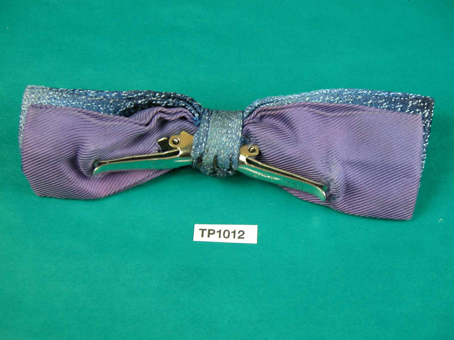 Vintage shades of blue over purple double bow square end clip on bow tie