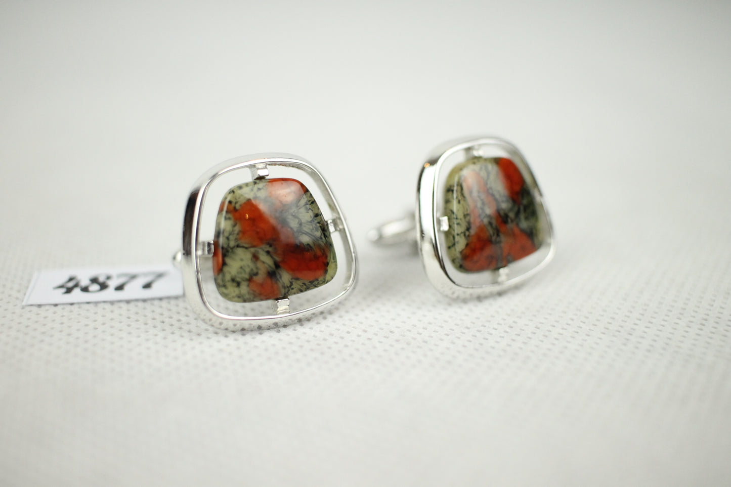 Vintage Hickok Marbled Stone Silver Metal Mount Cuff Links