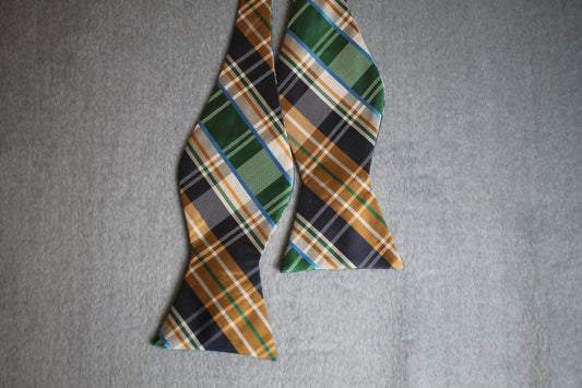 Vintage self tie thistle end green blue brown tartan pattern bow tie adjustable