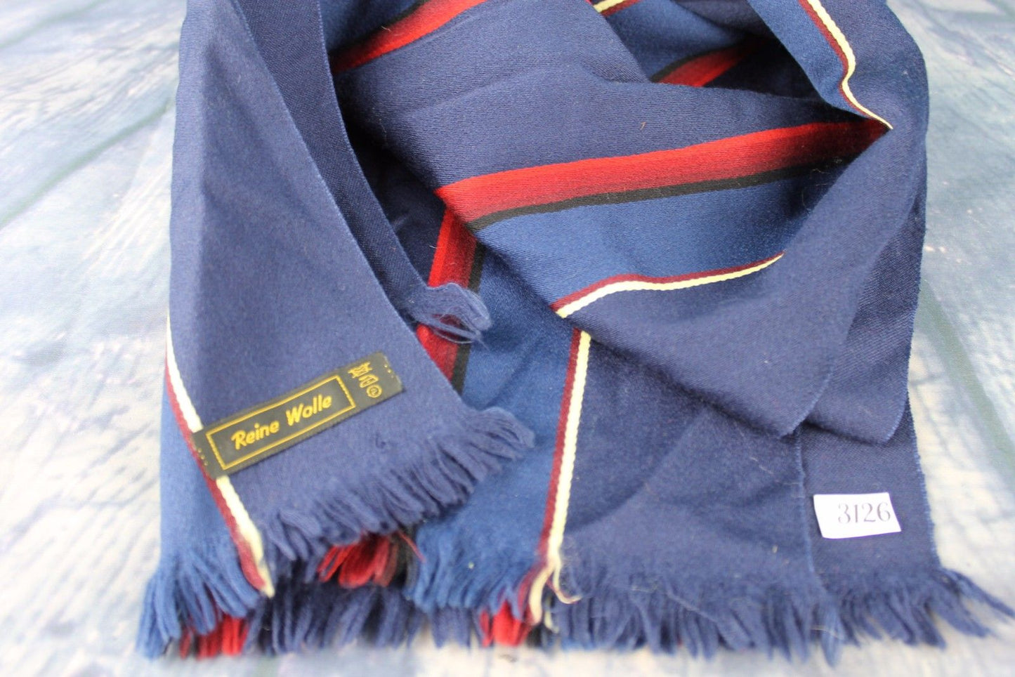 Vintage Pure Wool Striped Blue Burgundy Scarf
