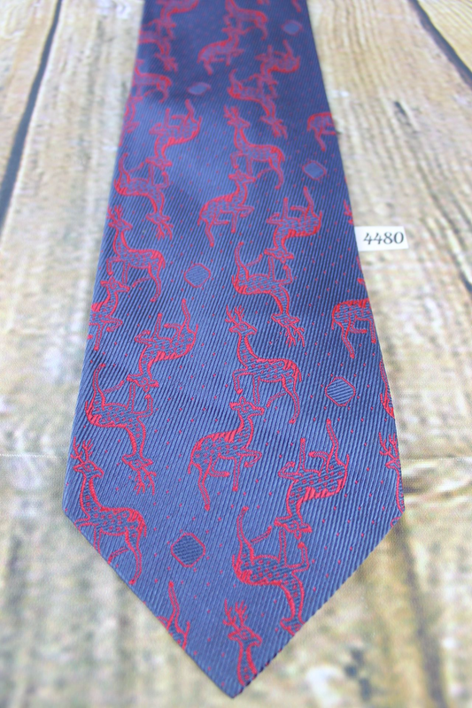 Vintage Blue Tie With Deer Stag Red Woven Repeat Pattern