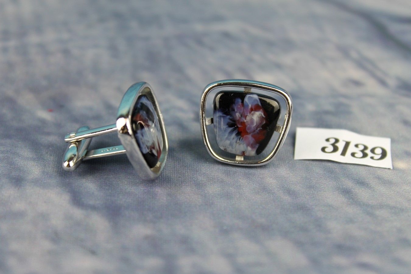 Vintage HICKOK Silver Metal Cufflinks Colourful Red Blue Black Stone