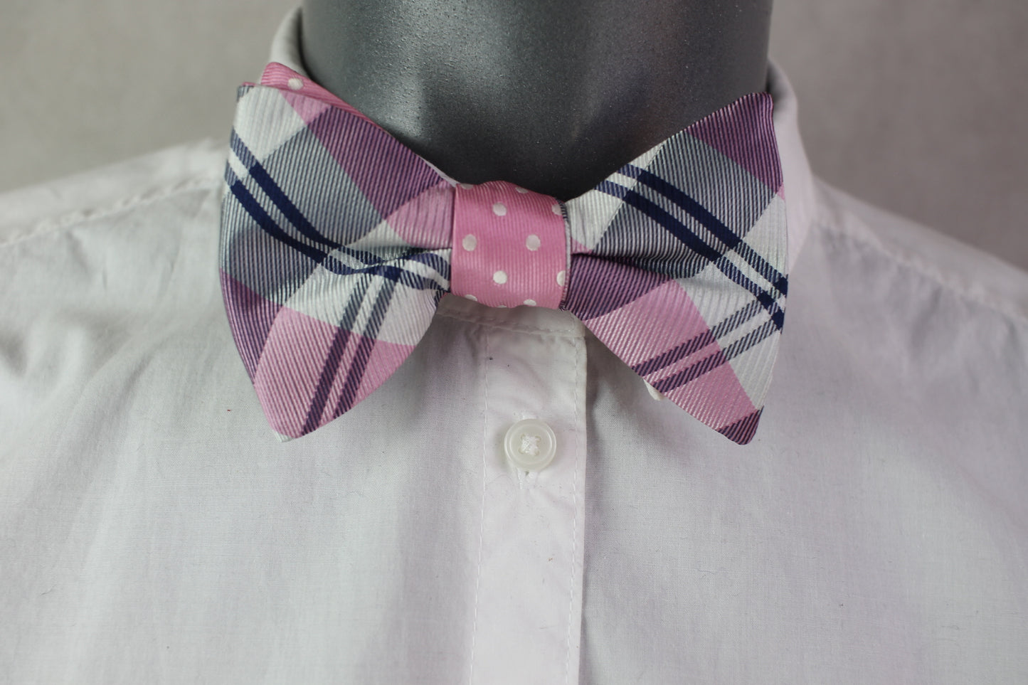 Vintage Nick Dunn pre-tied pink white grey tartan bow tie adjustable