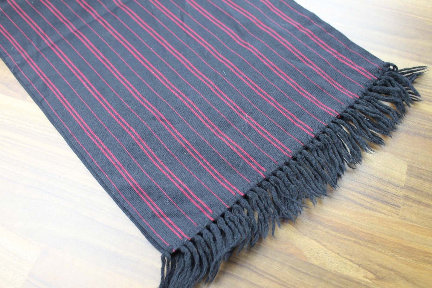 Vintage mens Shubert 100% Wool Burgundy Black Striped Fringed Scarf Retro Mod