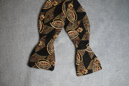 Vintage self tie thistle end all silk black green gold pattern bow tie adjustable