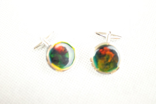 Vintage Green and Red Enamel Heavy Silver Metal Cuff Links