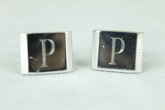 Vintage Silver Metal Initial P Oblong Cufflinks