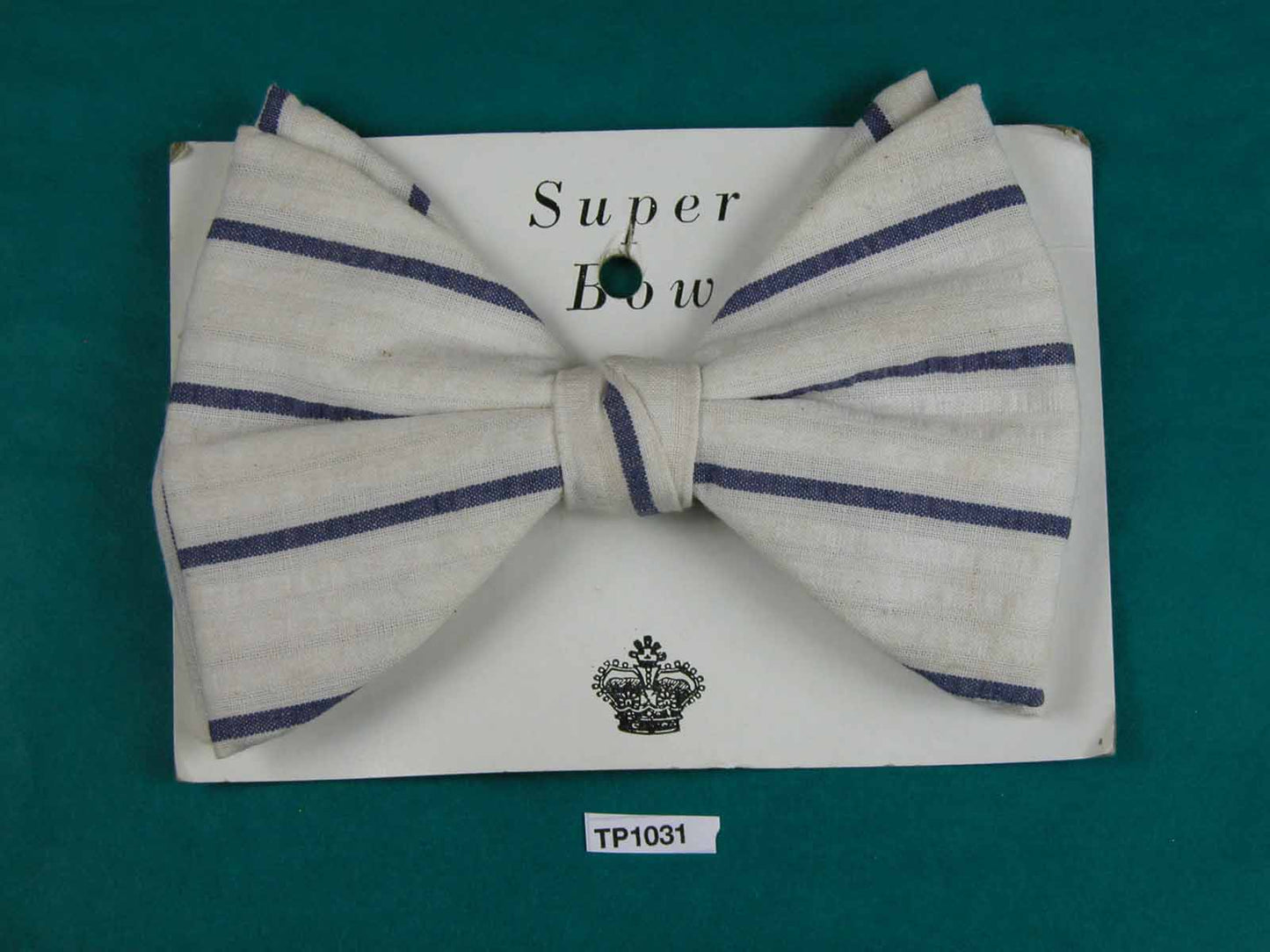 Vintage Super Bow white navy stripe seersucker large clip on bow tie