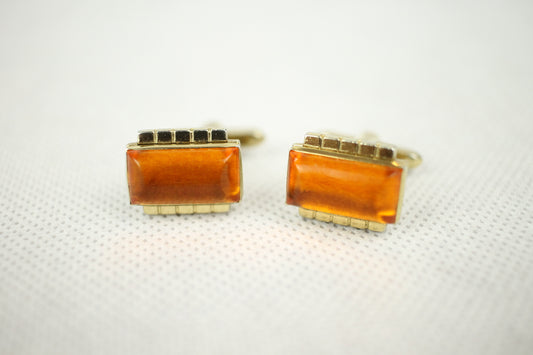 Vintage Hickok Amber Lucite Gold Metal Push Through Cuff Links