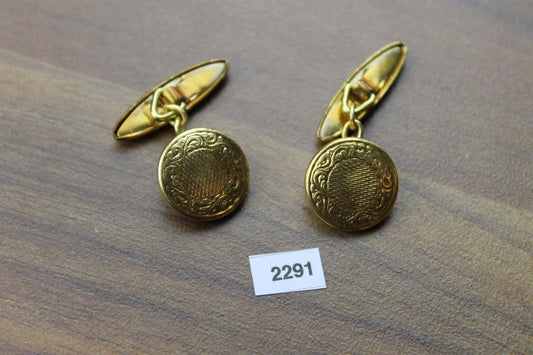 Vintage embossed leaf gold metal round chain connect cuff links 1950s
