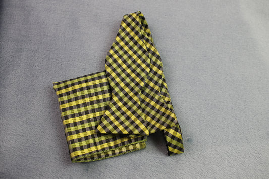 Vintage self tie thistle end green yellow black check bow tie handkerchief set adjustable