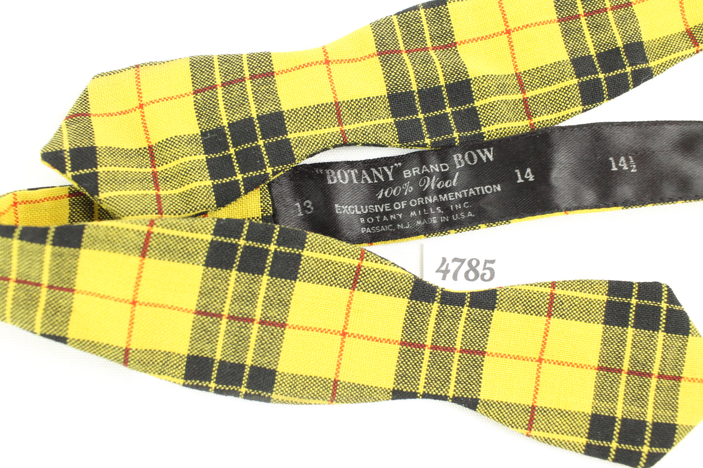 Vintage Botany 100% wool gold black tartan self tie arrow end bow tie
