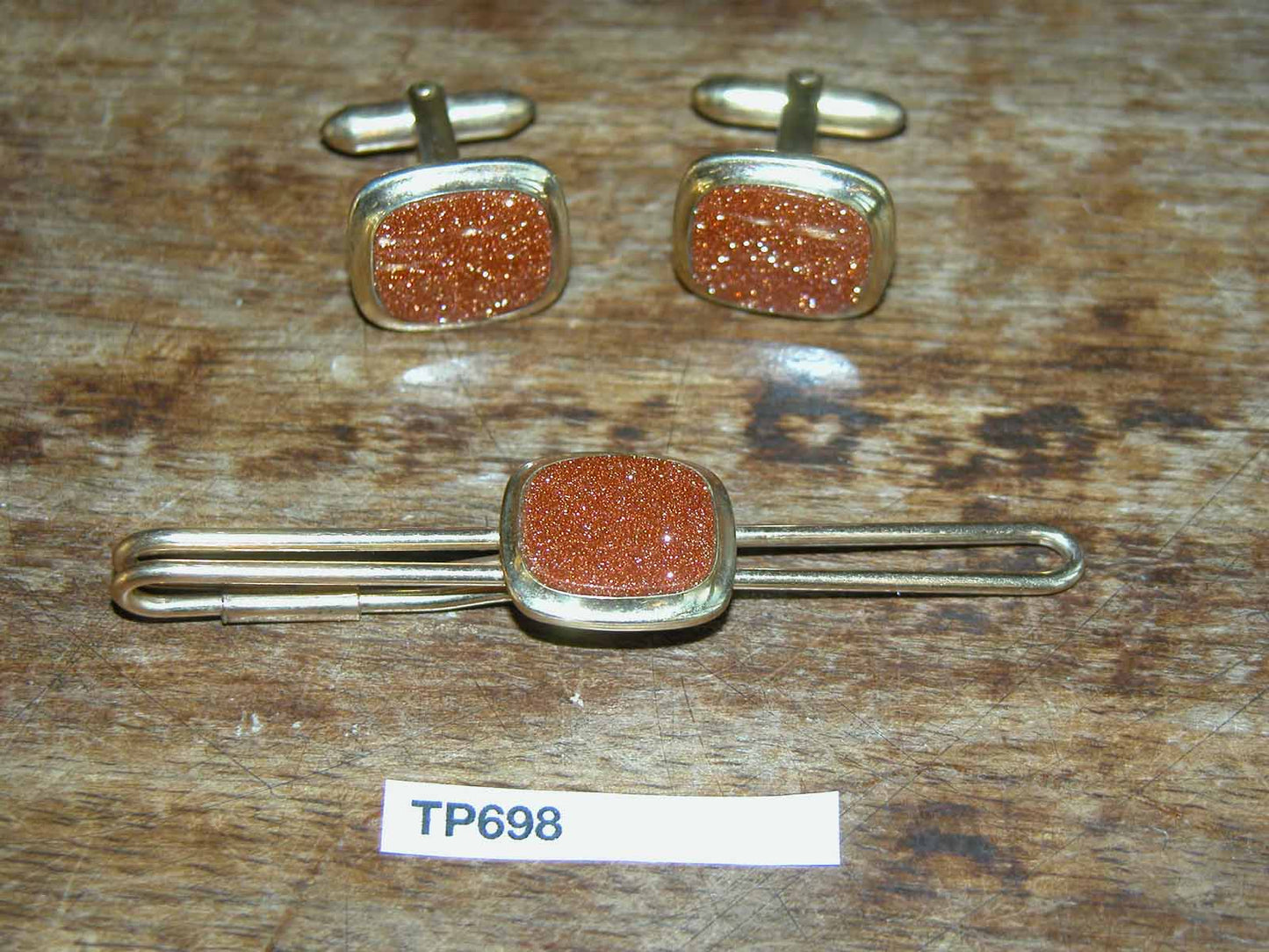 Vintage Cuff Links & Tie Clip Set With Goldstone