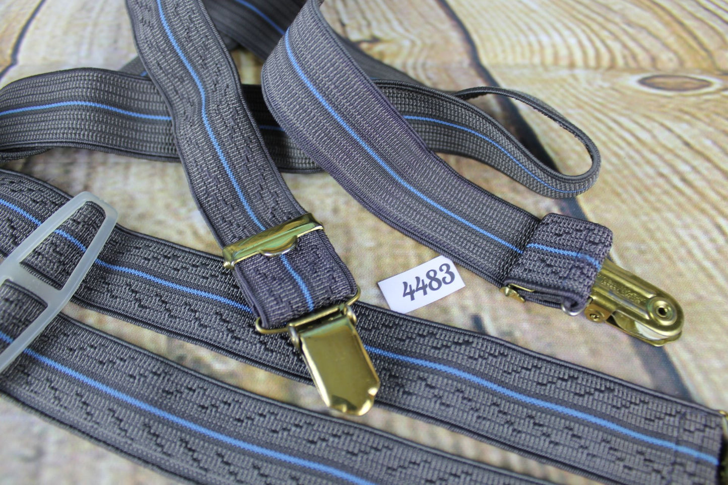Vintage grey blue elasticated braces gold metal clips adjustable