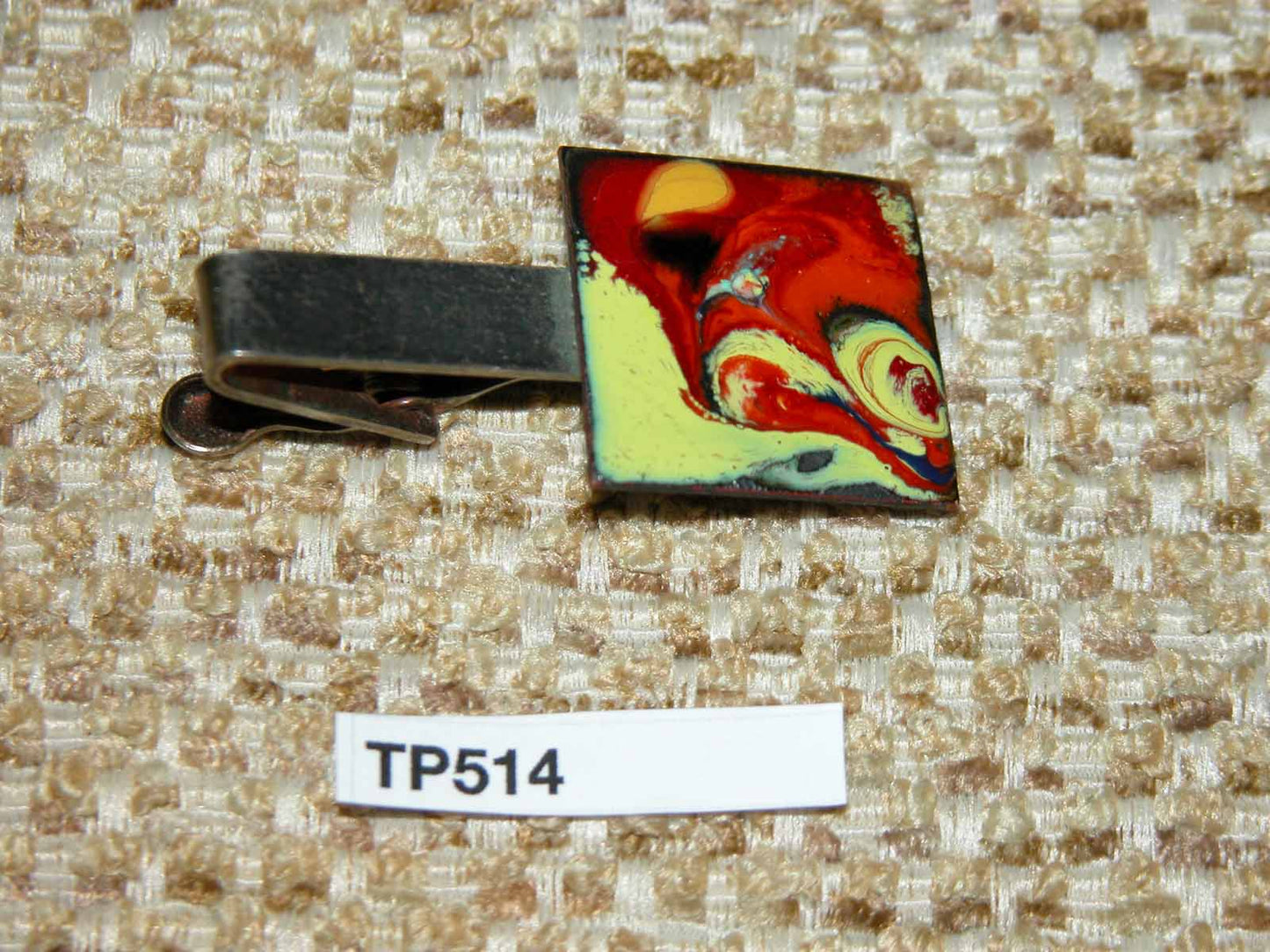 Vintage Gold Metal Square Hand Enamelled Red/Yellow Tie Clip