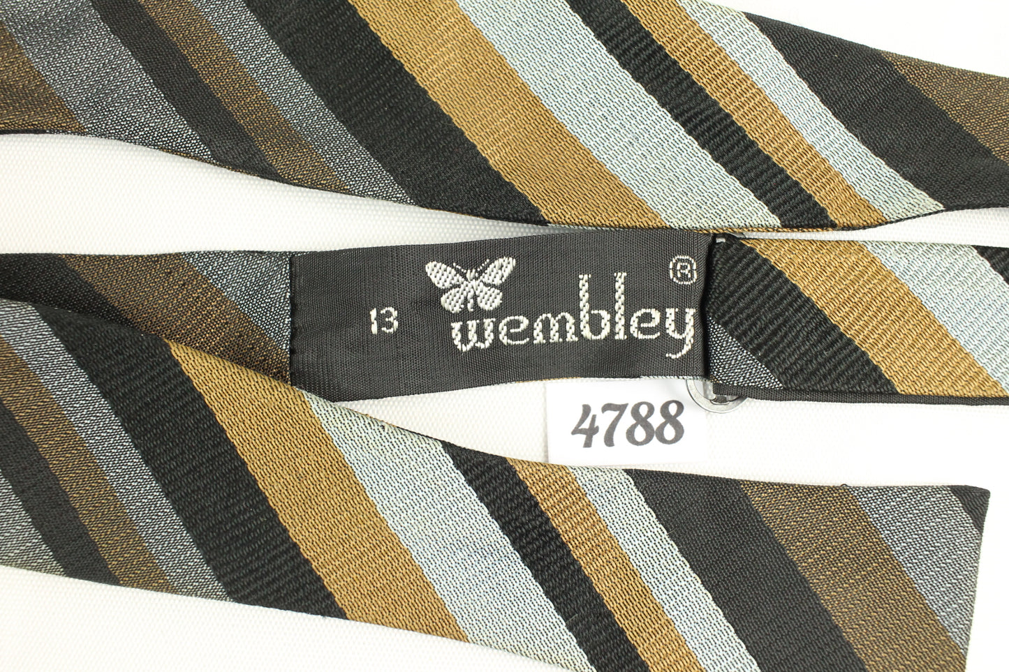 Vintage Wembley Self Tie Bow Tie Striped Narrow Thistle End Silver Grey Black Turmeric